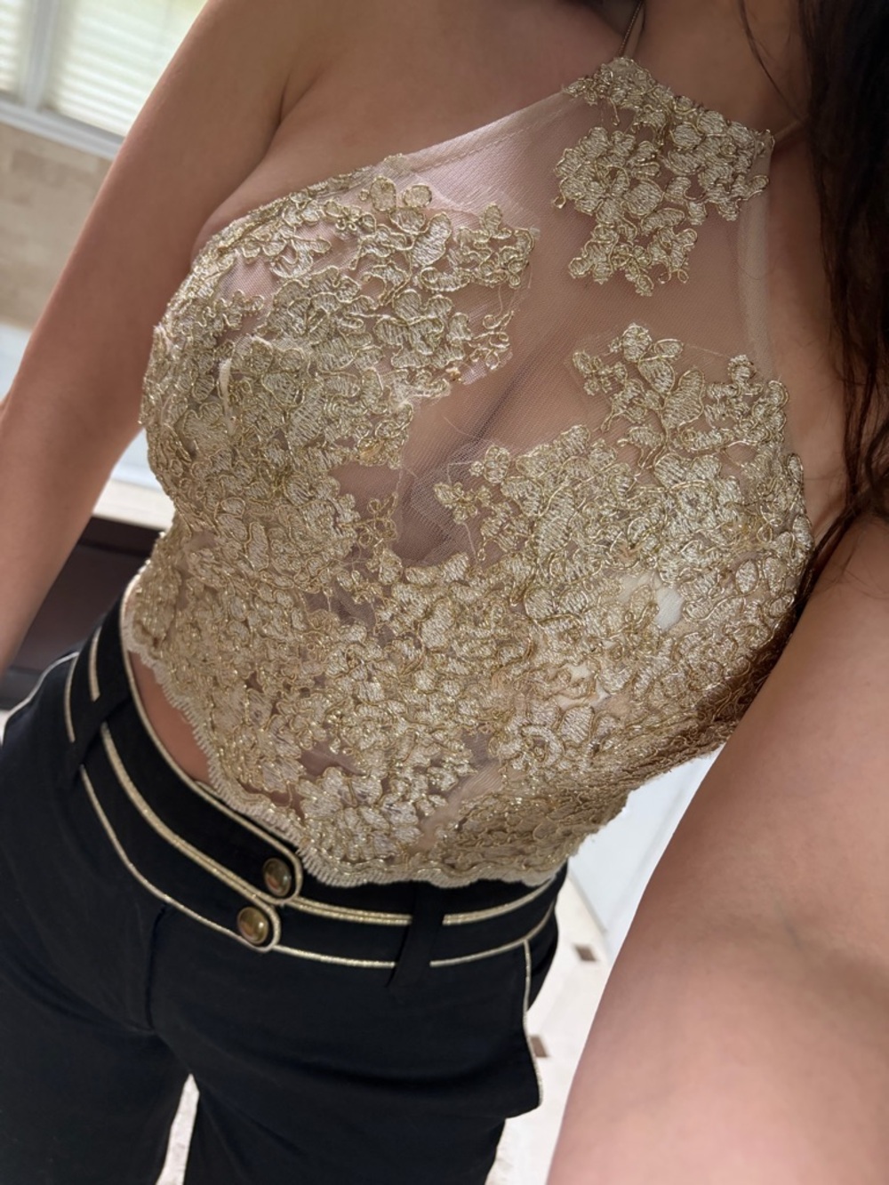 Boutique sheer embroidered champagne tie neck halter sleeveless top sexy